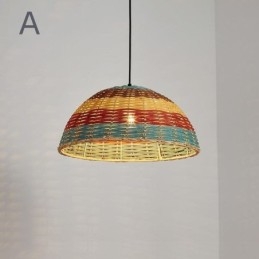 Bambus og rattan pendel Farverig stribet interval håndvævet lampeskærm Loftslampe