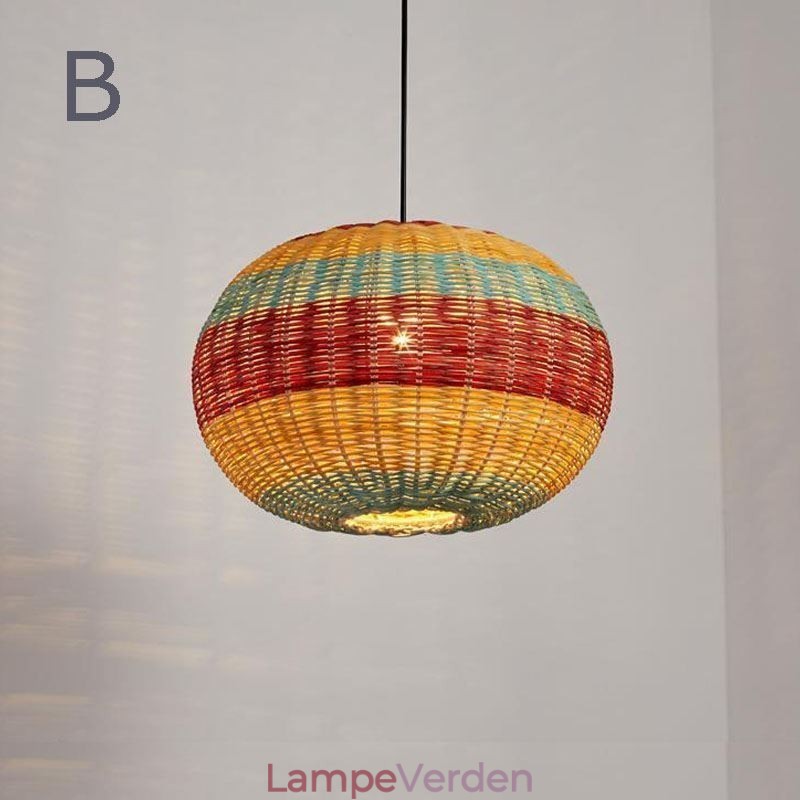 Bambus og rattan pendel Farverig stribet interval håndvævet lampeskærm Loftslampe