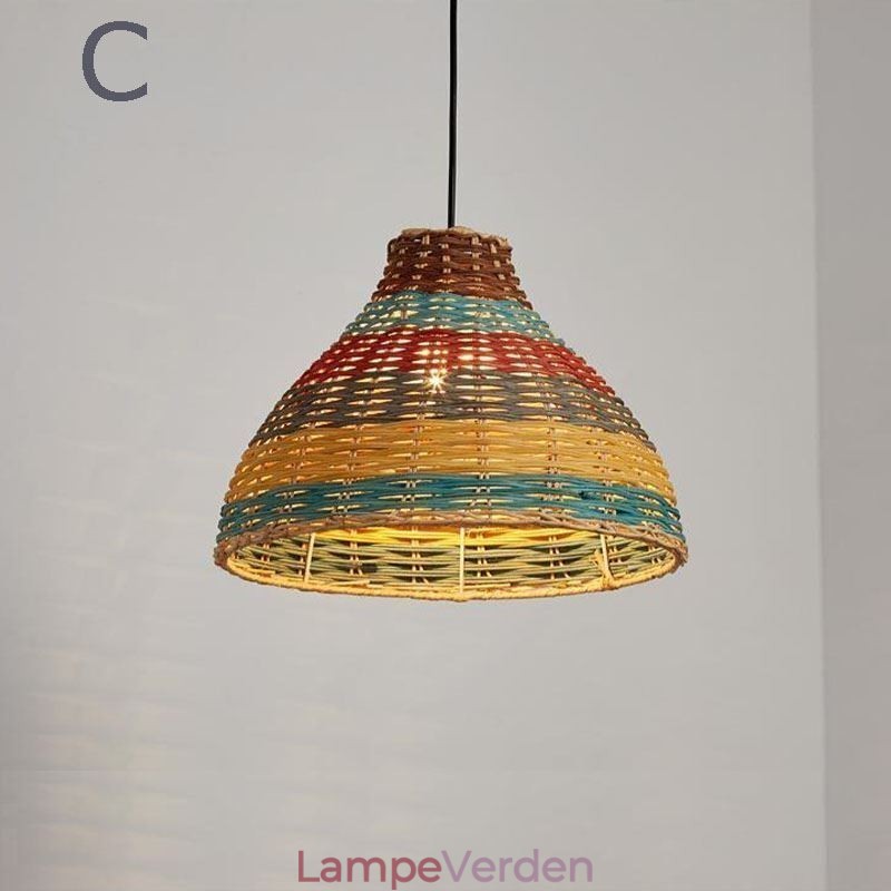 Bambus og rattan pendel Farverig stribet interval håndvævet lampeskærm Loftslampe