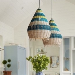 Bambus og rattan pendel lys stribet interval håndvævet lampeskærm Loftslampe