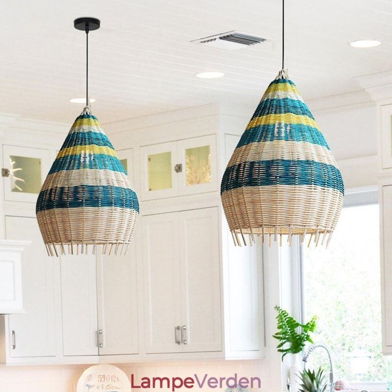 Bambus og rattan pendel lys stribet interval håndvævet lampeskærm Loftslampe