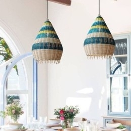 Bambus og rattan pendel lys stribet interval håndvævet lampeskærm Loftslampe
