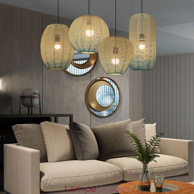 Papir Rope Pendel Light Country Retro Gradient Blå Loftslampe