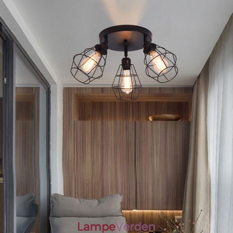 Industriel Flush Mount Loftslampe 3 Let Metal Cage Loftslampe