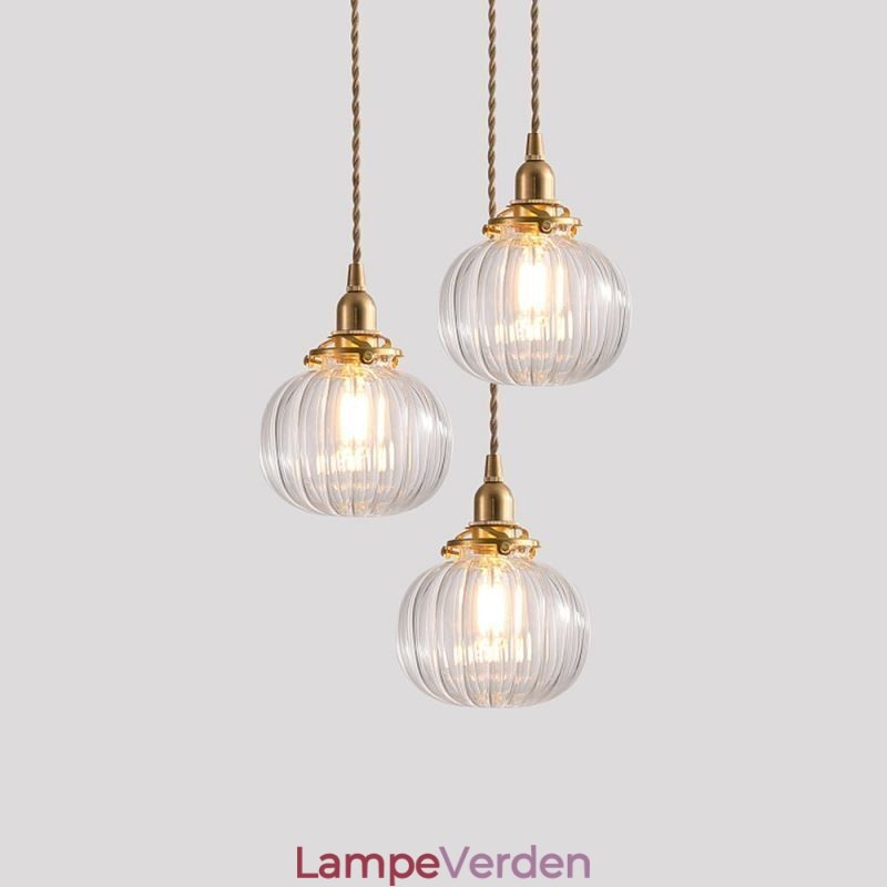 Glas Pendel Lys Klar Rund Ribbet Græskar Form Lampe 1 Lys