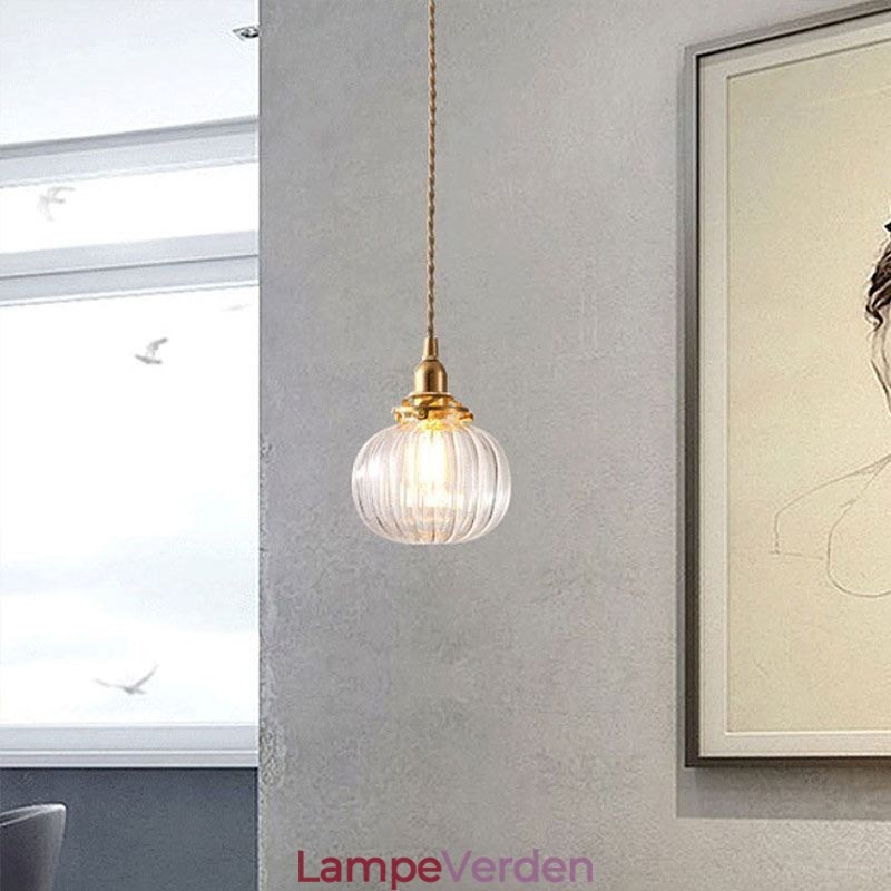 Glas Pendel Lys Klar Rund Ribbet Græskar Form Lampe 1 Lys