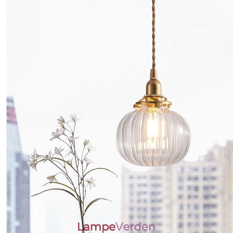 Glas Pendel Lys Klar Rund Ribbet Græskar Form Lampe 1 Lys