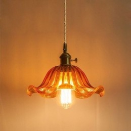 Vintage farverig ribbet glas pendel lys blomsterskærm lampe med twist switch lys