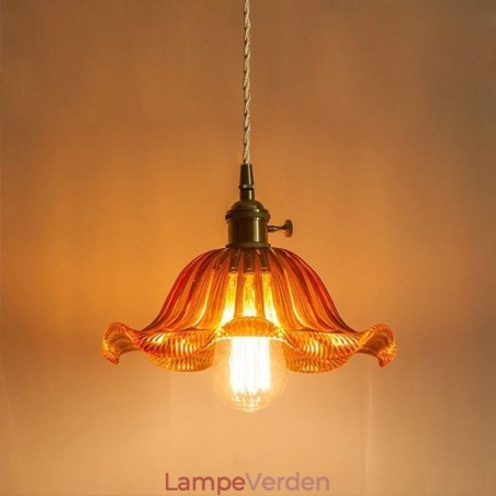 Vintage farverig ribbet glas pendel lys blomsterskærm lampe med twist switch lys Vintage farverig ribbet glas pendel lys blomsterskærm lampe med twist switch lys