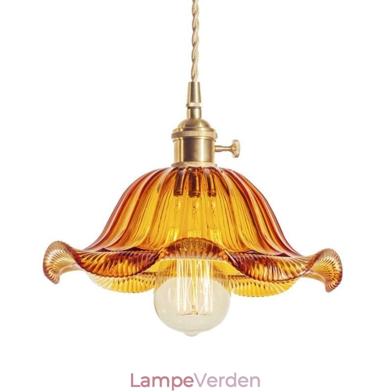 Vintage farverig ribbet glas pendel lys blomsterskærm lampe med twist switch lys