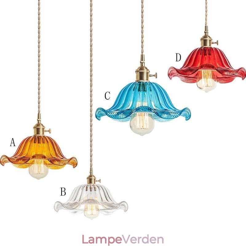 Vintage farverig ribbet glas pendel lys blomsterskærm lampe med twist switch lys