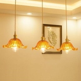 Vintage farverig ribbet glas pendel lys blomsterskærm lampe med twist switch lys