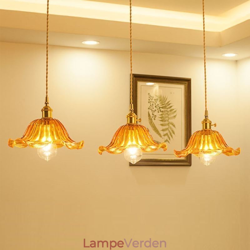 Vintage farverig ribbet glas pendel lys blomsterskærm lampe med twist switch lys