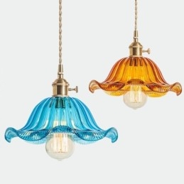 Vintage farverig ribbet glas pendel lys blomsterskærm lampe med twist switch lys