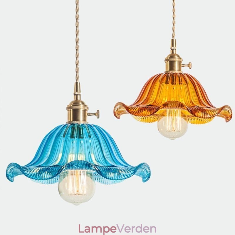 Vintage farverig ribbet glas pendel lys blomsterskærm lampe med twist switch lys