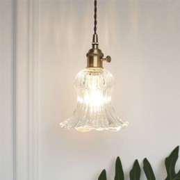 Klart ribbet glas pendel lys blomsterform lampe med drejekontakt
