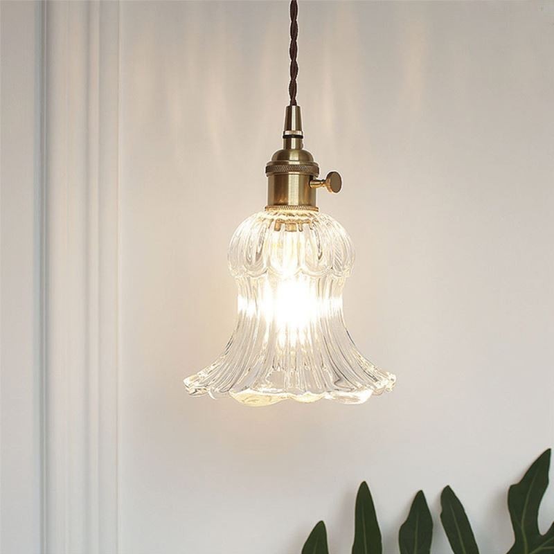 Klart ribbet glas pendel lys blomsterform lampe med drejekontakt