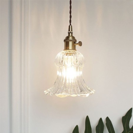 Klart ribbet glas pendel lys blomsterform lampe med drejekontakt Klart ribbet glas pendel lys blomsterform lampe med drejekontakt