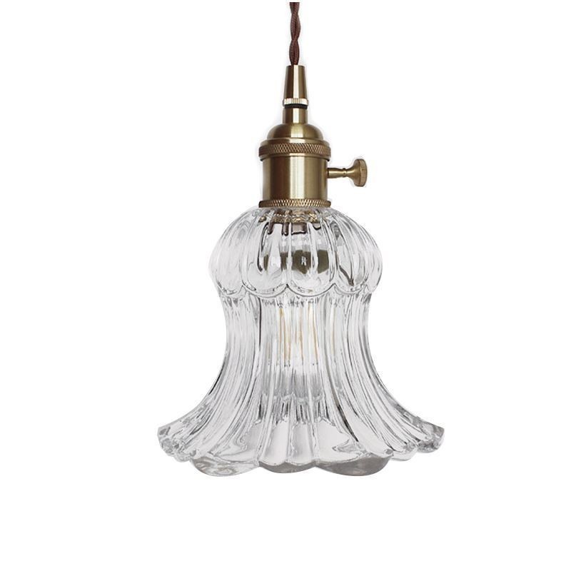 Klart ribbet glas pendel lys blomsterform lampe med drejekontakt