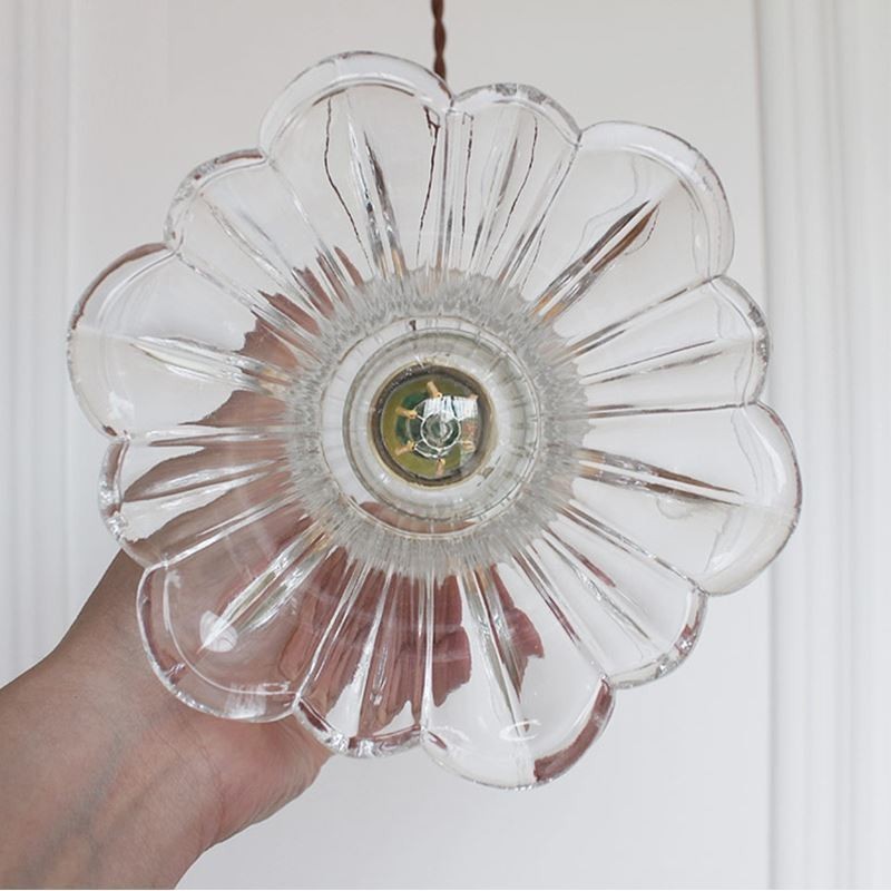 Klart ribbet glas pendel lys blomsterform lampe med drejekontakt