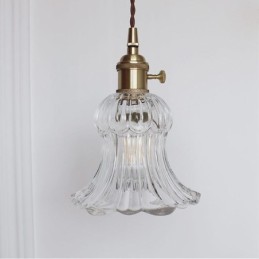 Klart ribbet glas pendel lys blomsterform lampe med drejekontakt