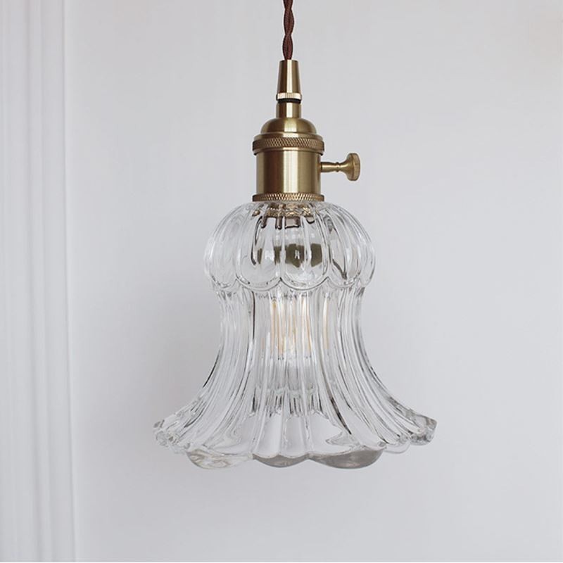 Klart ribbet glas pendel lys blomsterform lampe med drejekontakt