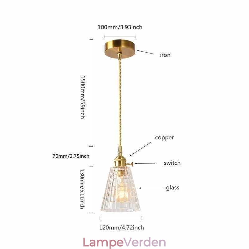 Firkantet klart ribbet glas pendellampe Messinglampe med drejekontaktbelysning