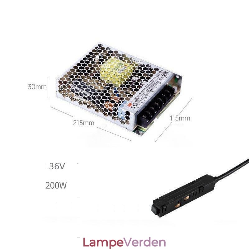 Sporlysdriver 200W 36V driverstrømforsyning med magnetisk skinnestrømstik