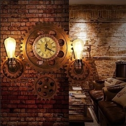 Vintage industrielle væglamper Træ Gear Shape Kreative drejelige lys Restaurant Cafe Bar Dekorationsbelysning
