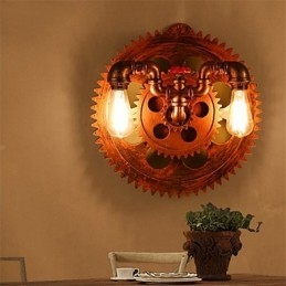 2 hoveder Vintage industrielle væglamper Træ Gear Shape Lights Restaurant Cafe Bar Dekoration Wall Sconces