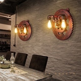 2 hoveder Vintage industrielle væglamper Træ Gear Shape Lights Restaurant Cafe Bar Dekoration Wall Sconces