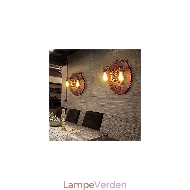 2 hoveder Vintage industrielle væglamper Træ Gear Shape Lights Restaurant Cafe Bar Dekoration Wall Sconces