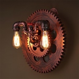2 hoveder Vintage industrielle væglamper Træ Gear Shape Lights Restaurant Cafe Bar Dekoration Wall Sconces