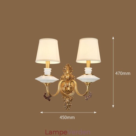 100 % ren messing Luksuriøs rustik retro vintage messing keramik 2 lys stearinlys væglampe med stofskærme Speciel til hotelkontor Showroom Stue Spisestue 100 % ren messing Luksuriøs rustik retro vintage messing keramik 2 lys stearinlys væglampe med stofskærme Speciel til hotelkontor Showroom Stue Spisestue