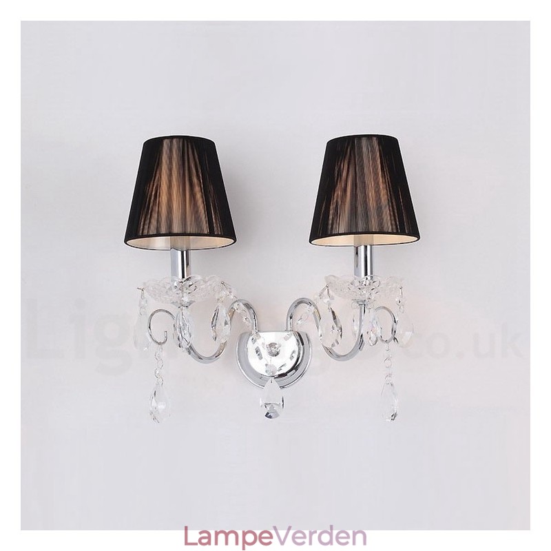 2 lys krom sølv farve K9 krystal stearinlys retro glas væglampe med sorte stof skærme