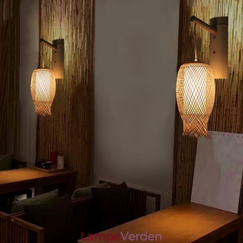 Nedadgående bambus væglampe landlig rund væglampe Bedside Teahouse Creative Light