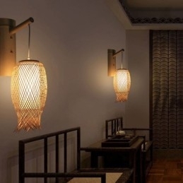 Nedadgående bambus væglampe landlig rund væglampe Bedside Teahouse Creative Light
