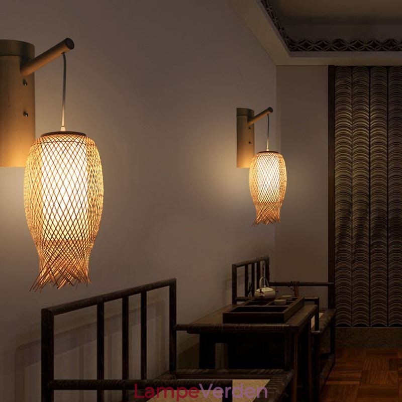 Nedadgående bambus væglampe landlig rund væglampe Bedside Teahouse Creative Light