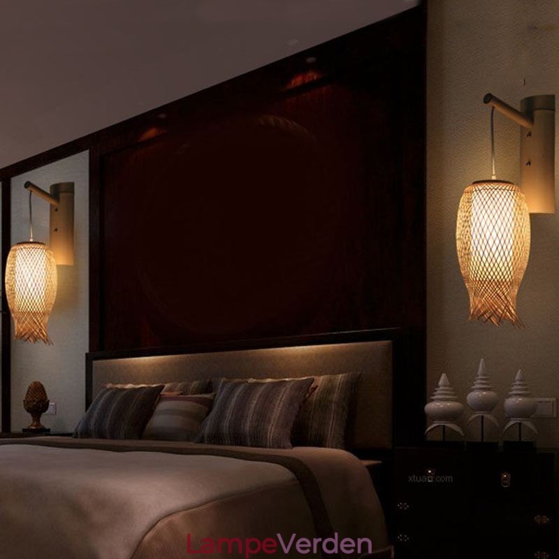 Nedadgående bambus væglampe landlig rund væglampe Bedside Teahouse Creative Light