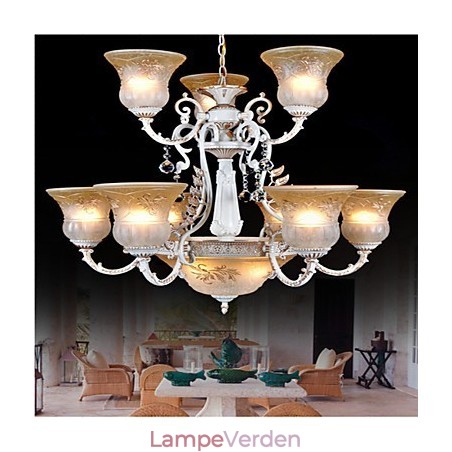 Hvid lysekrone tolv lys mønster glasskærm håndforgyldt europæisk retro klassisk Hvid lysekrone tolv lys mønster glasskærm håndforgyldt europæisk retro klassisk