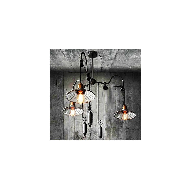 Vintage Pully Pendel Light 3 Island Foyer Metal+ Galss indvendig skærm